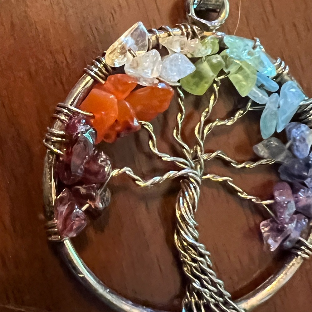 Multicolor Tree of Life Pendant Necklace — Silver-Tone with Gemstone Chips